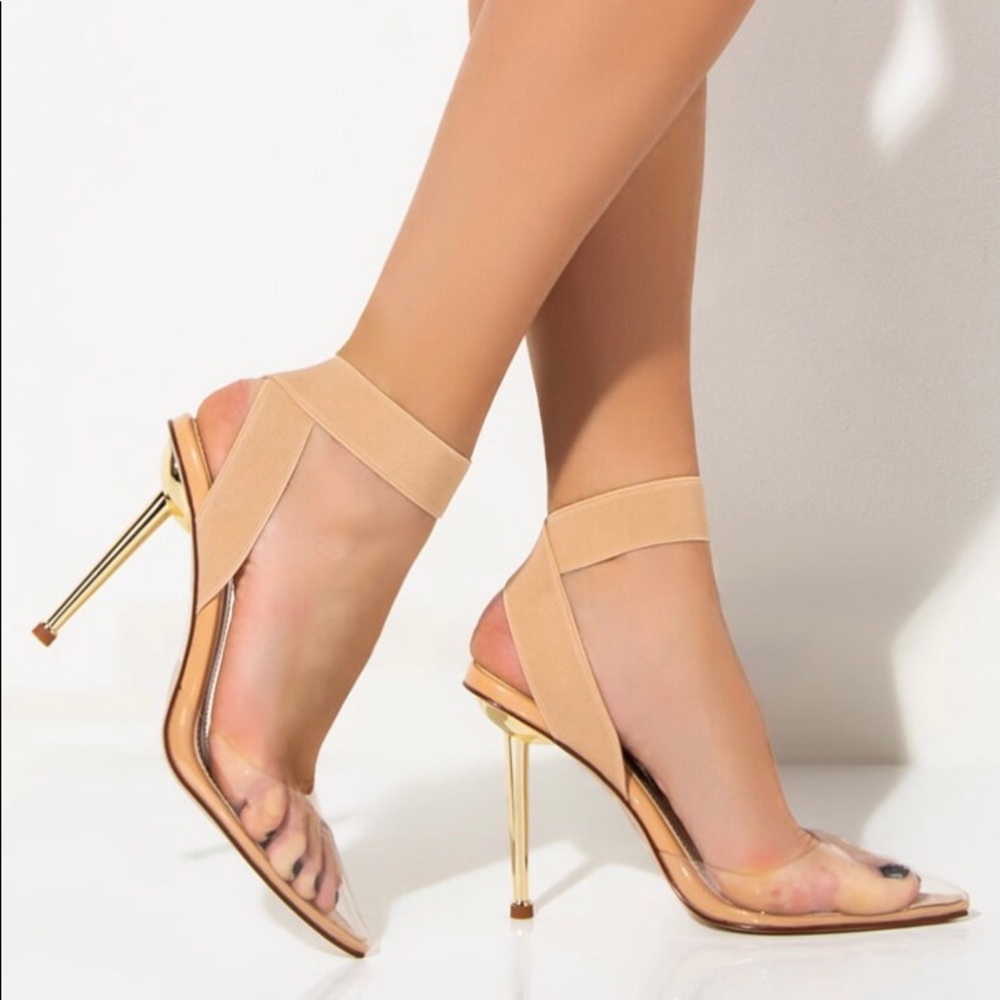 Akira Clear-Toe, Elastic Strap, Gold Heel Stiletto
